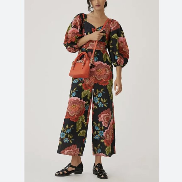 Farm Rio Anthropologie Printed Linen Floral Jumpsuit Wide-Leg Puff Sleeve Sz XL - Picture 1 of 16